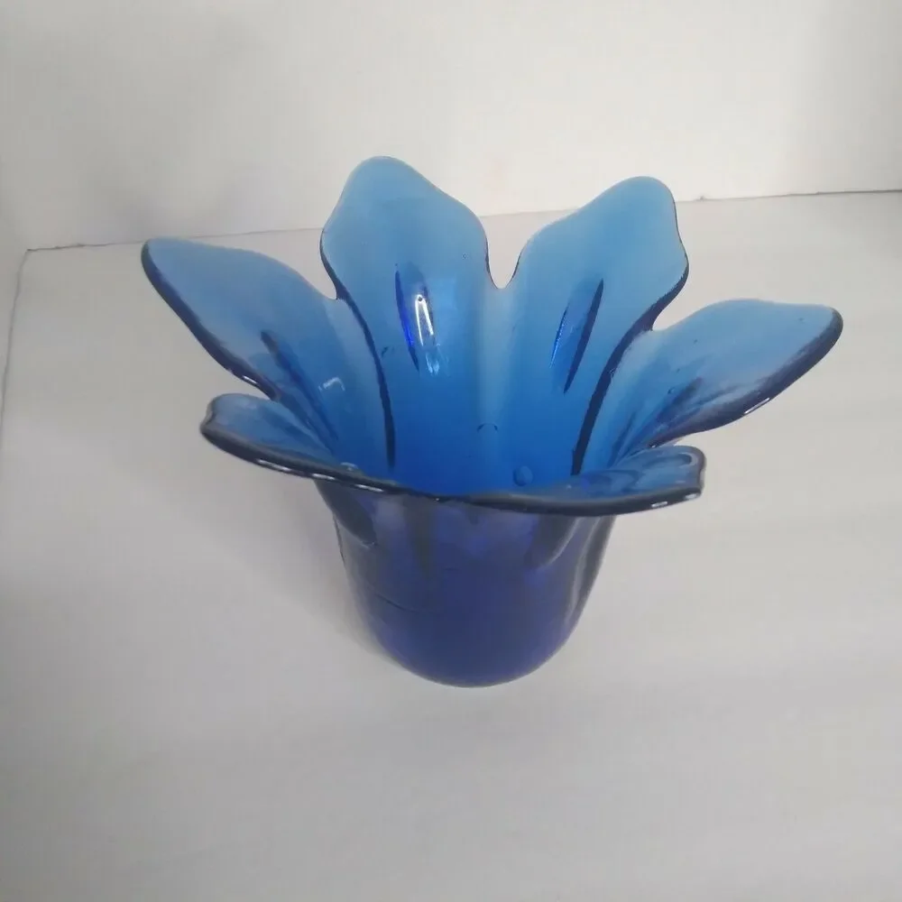 Cobalt Blue Candle Holder Art Glass Lotus Flower Vase Vintage Spain Trinket Dish
